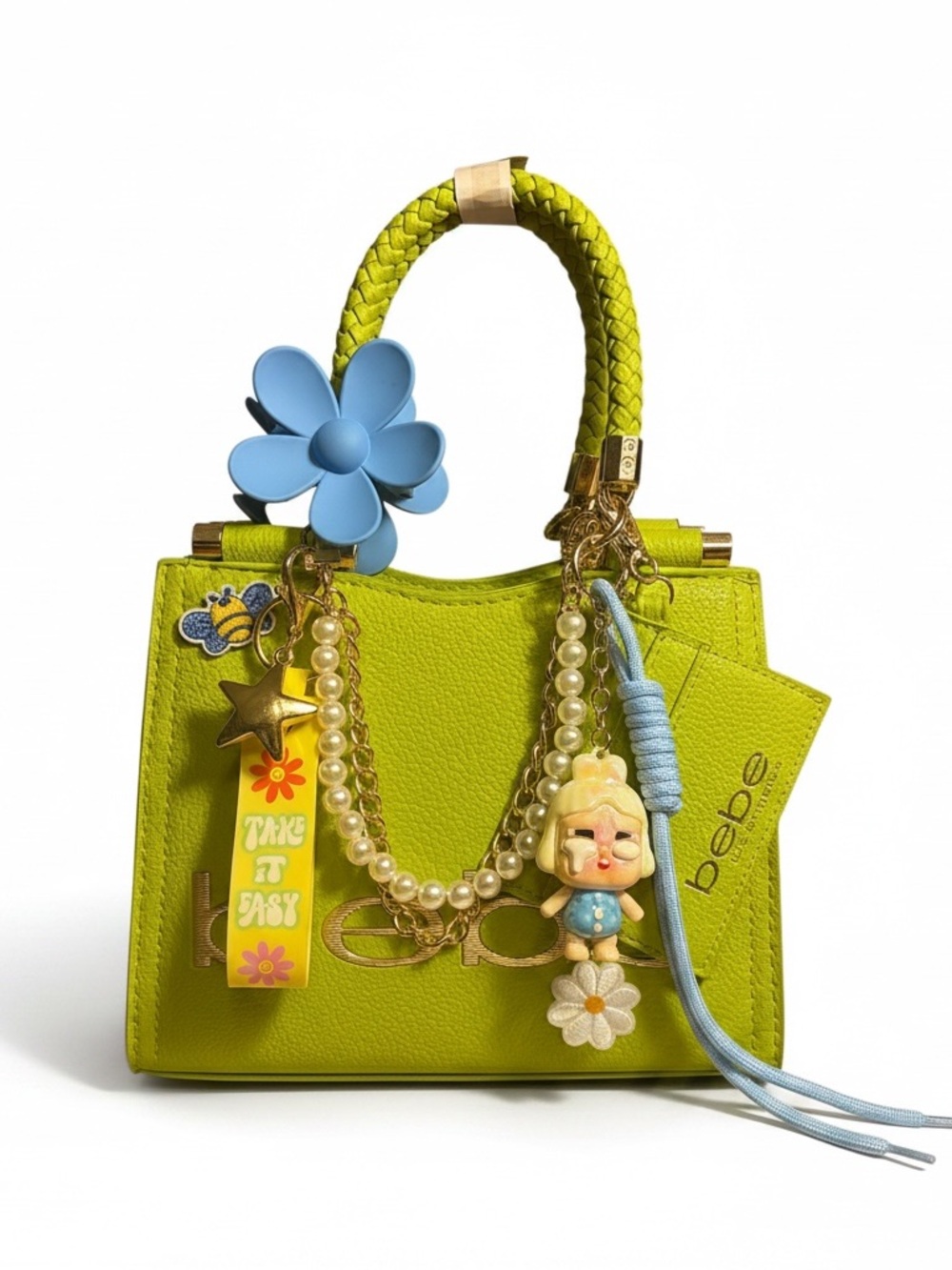 Bebe Lime Green Mini Tote Bag with Charm Accents